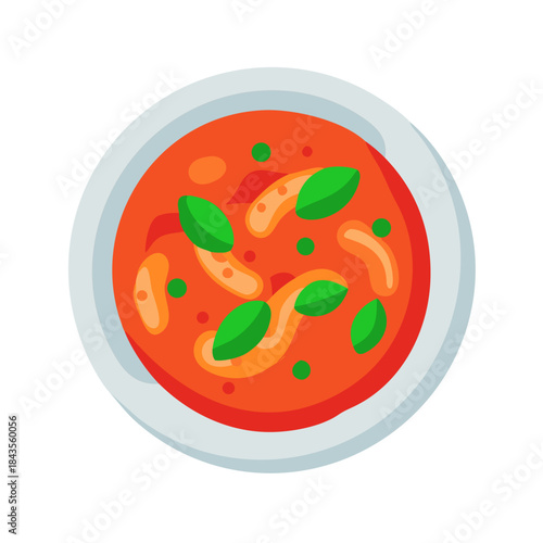 Vector illustration of tomato soup with basil garnish