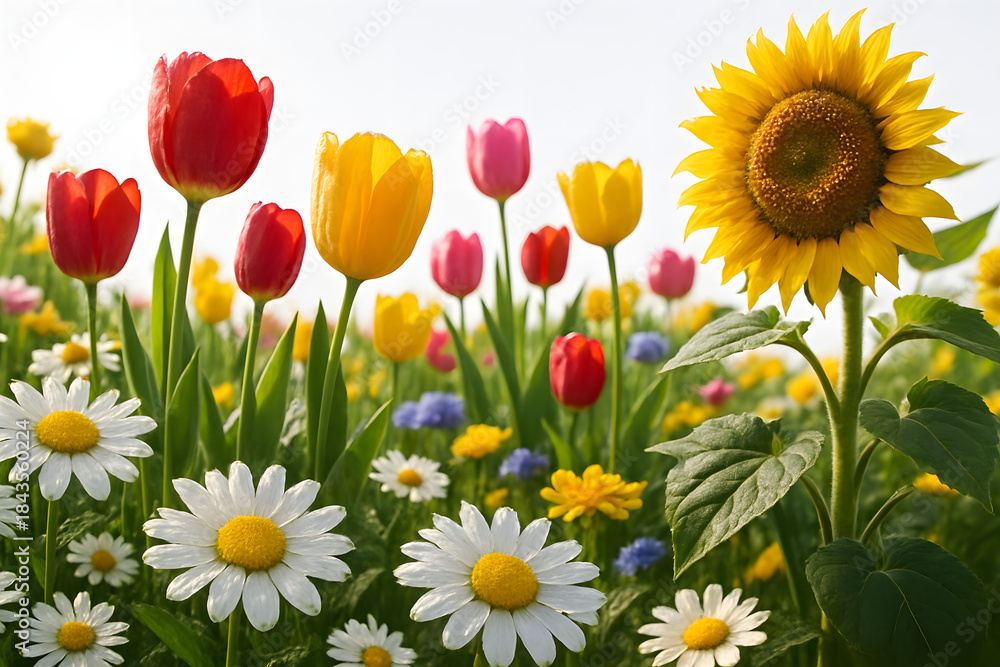 Fototapeta premium Blossom Symphony: A vibrant floral display bursts with color and life, featuring an array of tulips, daisies, and a majestic sunflower, creating a harmonious and cheerful atmosphere.