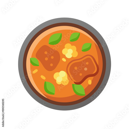 Bowl of soup with meat and basil illustration vector