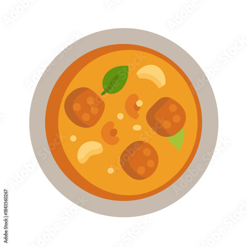 Flat lay illustration of orange soup with meatballs and garnish