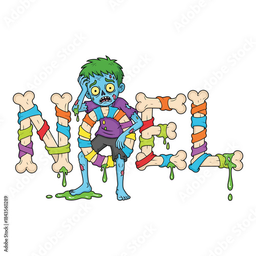 Spooky zombie bone typography spelling Noel with undead monster character. Creepy Christmas holiday vector illustration. Horror font text design made of skeleton bones for halloween or xmas print.