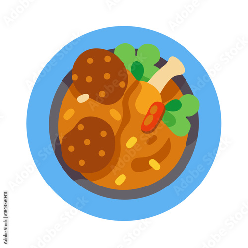 Cartoon style illustration of chicken dish served in bowl