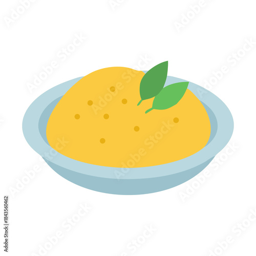 Simple illustration of polenta dish with basil garnish