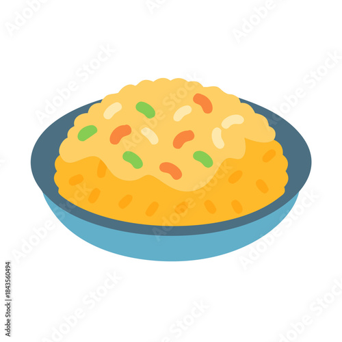 Stylized bowl of fried rice with colorful toppings