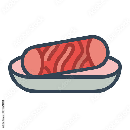 Flat illustration of reddish sausage on dish isolated design