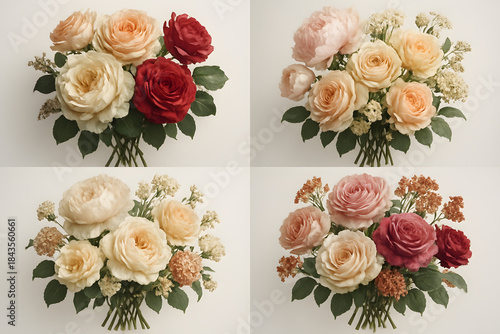 Floral Harmony: A captivating collage presents four distinct bouquets, each a unique symphony of color and form, arranged to celebrate the exquisite beauty of various flower types.