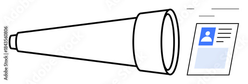 Digital identification visualization. Telescope symbol searching for user identity in a profile card. Digital identification for authentication, cybersecurity, networking, verification, database
