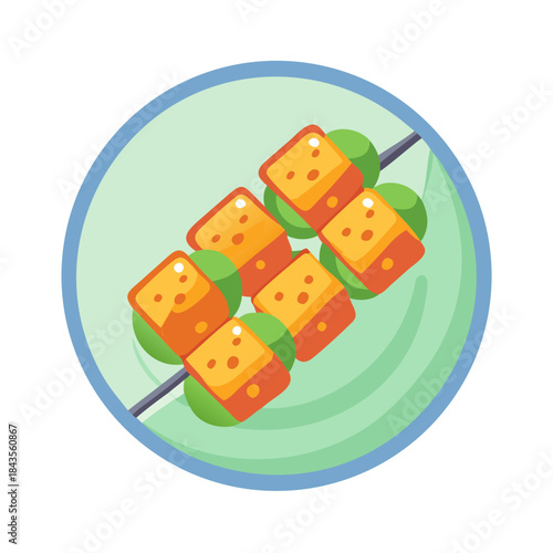 Delicious tofu skewers on a plate in flat design
