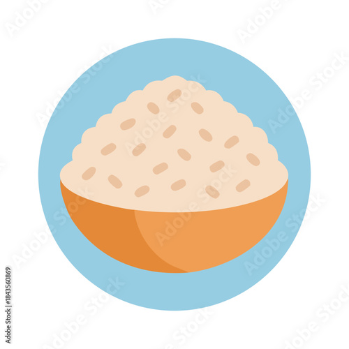 Bowl of rice illustration centered against pastel blue background