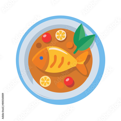 Flat design illustration of fish soup in bowl