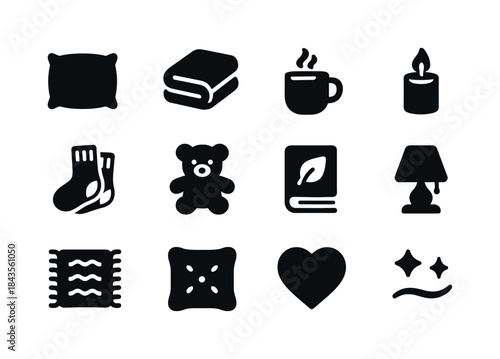 Cozy Comfort Icons. Comfort items. Solid icon set of comfort ite