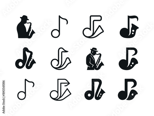 Jazz Saxophone Logo Set. A jazz musician playing a saxophone in