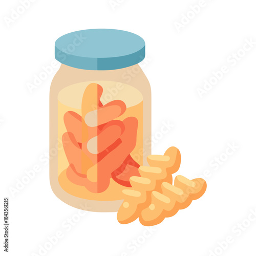 Jar of preserved mushrooms with group of mushrooms outside