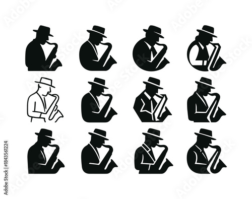 Jazz Icon Variations. A jazz musician playing a saxophone in a d