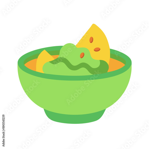 Guacamole bowl with tortilla chips on white background flat