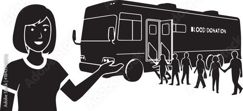 Person inviting group to mobile blood donation drive rv for community health