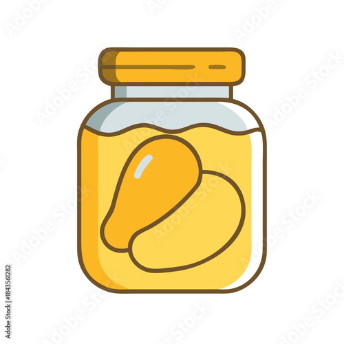 Preserved mango pieces in glass jar against white background
