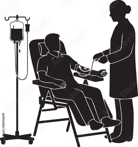 Silhouette of nurse assisting patient during blood donation procedure with iv drip stand