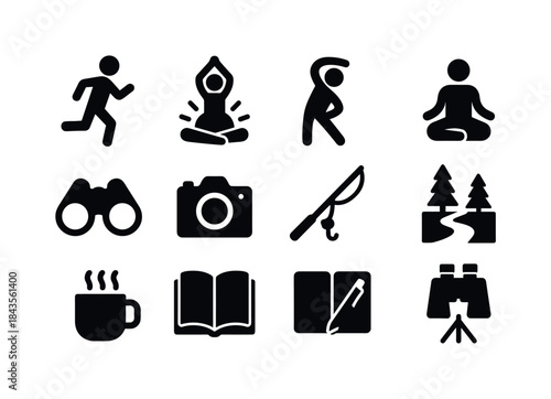 Dawn Activity Icons. Dawn activities. Solid icon set of dawn act