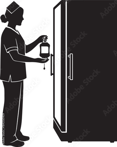 Nurse silhouette preparing medical infusion bag next to tall refrigerator equipment
