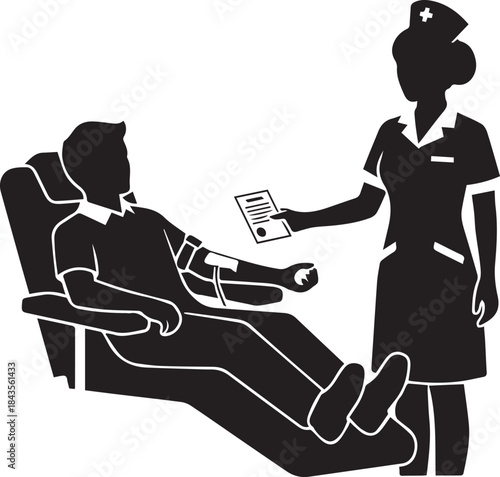 Silhouette of a man donating blood in a medical chair attended by a nurse