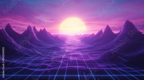 Retro synthwave landscape with sun setting over purple mountains and grid.