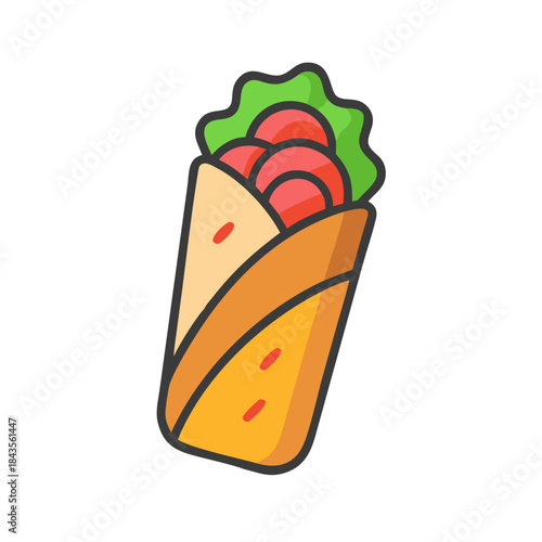 Colorful cartoon shawarma wrap with salad and tomatoes
