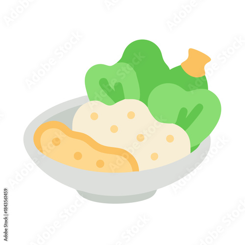 Stylized bowl of salad with dressing illustration on white