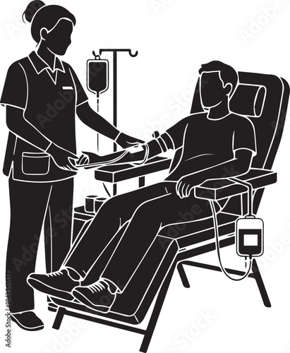 Nurse assists patient donating blood in medical chair for health and wellness