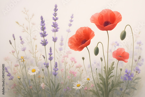 Blooming Symphony: A watercolor illustration of a vibrant floral arrangement of wildflowers, poppies and lavender with petals dancing in the gentle breeze.