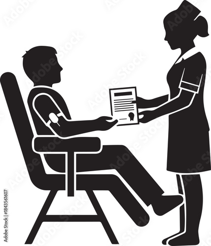 Nurse offers medical form to patient sitting in a chair receiving vaccination or injection