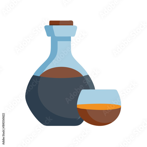 Liquor bottle with glass illustration on white background
