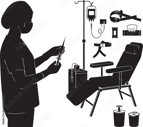 Nurse prepares medical equipment for patient care including iv drip and blood donation chair silhouette