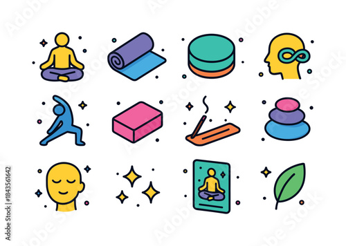 Meditation Icon Set. Meditation & Yoga. Colorful isometric vecto