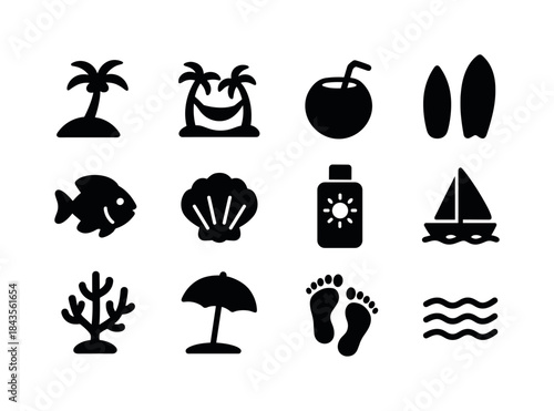 Tropical Island Icons. Tropical island tours. Solid icon set of