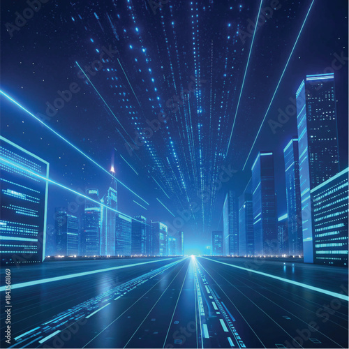 Futuristic Blue Cyber Background With Neon Streaks and Floating Particles Adobe Illustrator Artwork
