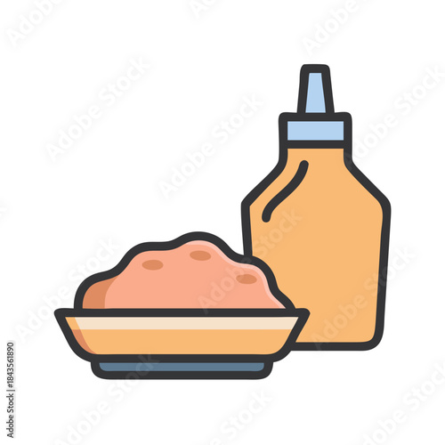 Bowl with paste and a bottle on white background