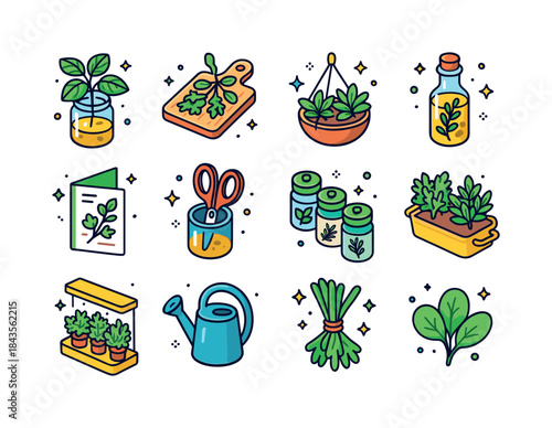 Herb Garden Icons. Kitchen herb garden. Colorful isometric vecto