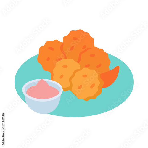 Crispy chicken nuggets served with pink sauce on plate