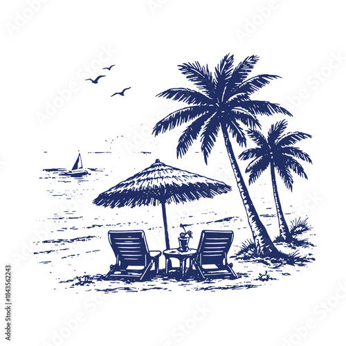 Classic hand-drawn vector illustration of a tropical beach scene with palm trees, lounge chairs, and an umbrella, rendered in a vintage navy blue sketch style for travel and vacation themes.