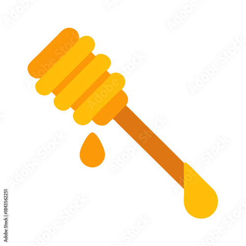 Honey dipper with dripping honey drops on white background