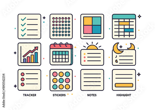 Colorful Productivity Icons. Productivity sheets. Colorful isome