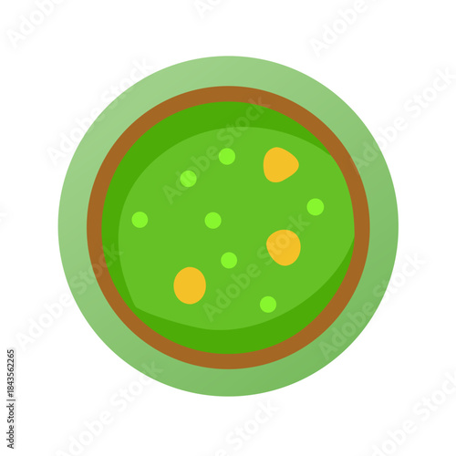 Bowl of green soup with yellow accents, flat design