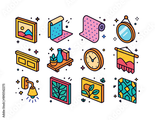 Colorful Wall Decor Icons. Wall Decoration. Colorful isometric v
