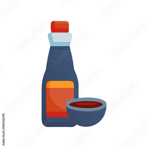 Dark soy sauce bottle with dipping bowl illustration