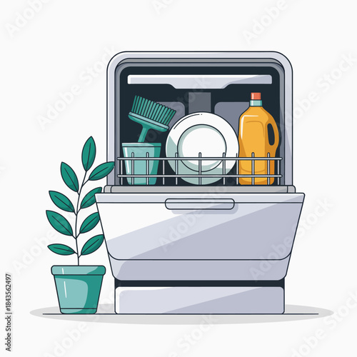 This image shows an organized dishwasher with various kitchen items, including plates and cleaning supplies, illustrating a clean and tidy kitchen environment.
