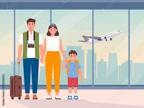 A cheerful family stands together at an airport terminal in front of a window, ready for their journey, showcasing love, togetherness, and the excitement of travel.