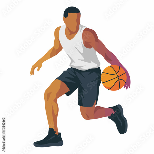 This image captures a skilled athlete dribbling a basketball while in motion, showcasing strength, agility, and determination in a competitive sports environment.