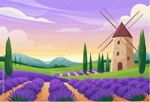 This picturesque scene showcases vibrant lavender fields in full bloom, set against a serene windmill and stunning purple sunset, evoking a sense of tranquility and beauty.