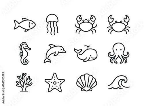 Marine Line Icons. Marine Life. Line icon set of Marine Life: fi